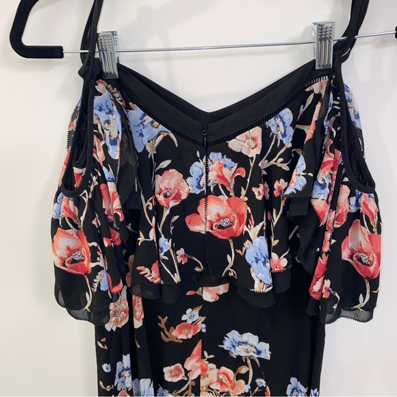 WHBM Black Red Blue Gold Floral Cold-Shoulder Metallic Embroidered Maxi Dress 6 - Picture 8 of 13